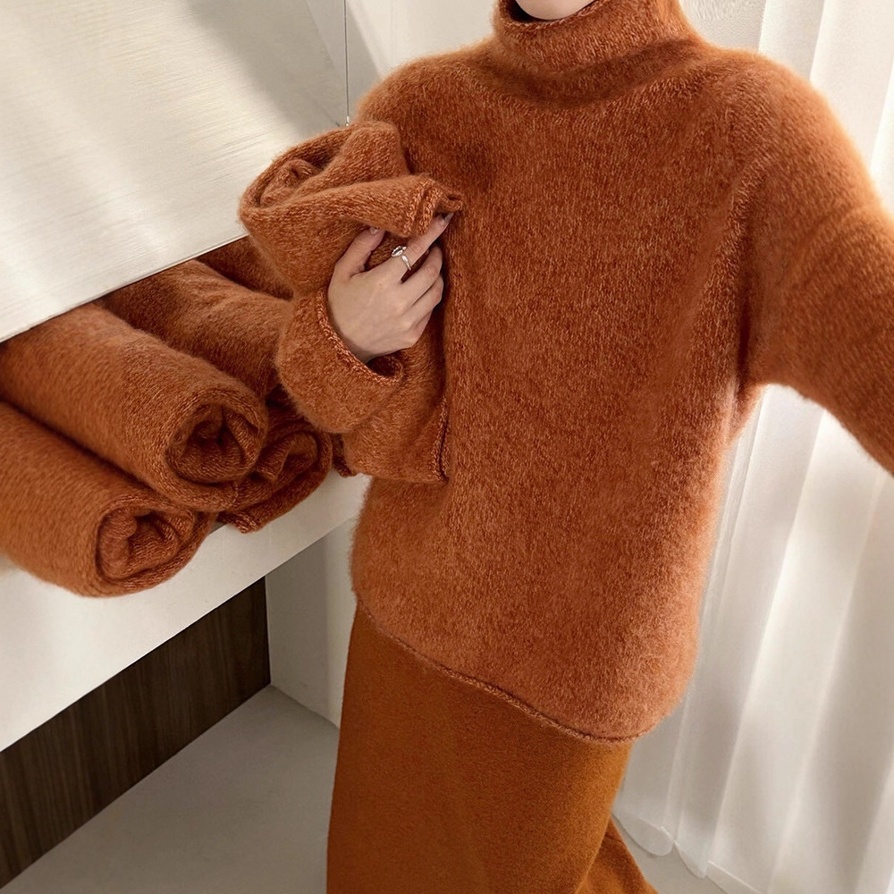 [拉绒系列]纯羊毛毛衣女秋冬厚内搭堆堆领打底衫25新款女装针织衫 - 图0