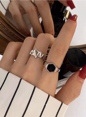 黑色六边形戒指时尚个性设计感滴胶几何开口食指关节指环