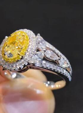 轻奢网红ins风新款 欧美镂空黄钻满镶锆石戒指 结婚晚宴新娘手饰