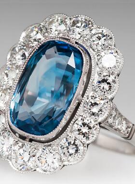 轻奢高档奢华彩宝戒指 镶嵌海蓝色锆石女式指环 周年庆典晚宴手饰