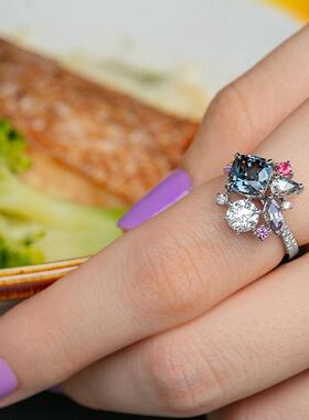 轻奢热卖新款 镶嵌多彩色宝石方形公主戒指 欧美仿钻锆石订婚指环