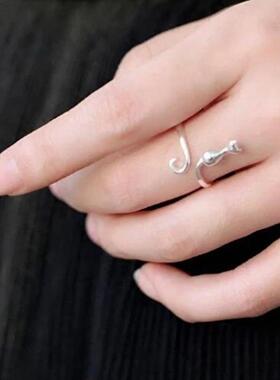 轻奢简约可爱小猫戒指女 开口款猫耳朵猫尾巴指环 小动物卡通饰品