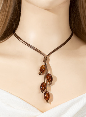 欧美流波西米亚风格珍珠流苏编织项链复古蜡绳流苏吊坠项链女