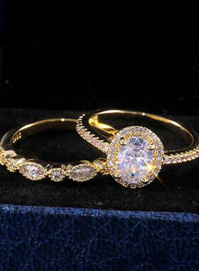 亚马逊新款饰品 欧美时尚锆石婚礼对戒 黄金色铜制浪漫仿钻石戒指