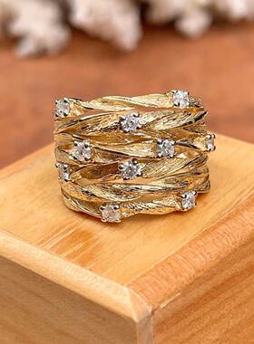 轻奢缠绕藤蔓戒指女款 时髦黄金色宽版多环配饰 繁星锆石鸟巢指环