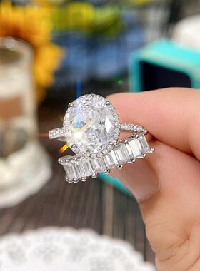 轻奢速卖通超闪公主套戒 椭圆围钻光环锆石戒指 奢华高级宴会首饰