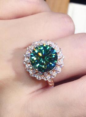 轻奢快手新款 镶仿马尔代夫蓝绿色锆石戒指 火彩闪亮指环