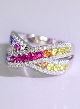 轻奢新款彩虹指环 交叉设计轻奢创意戒指 几何圆形热卖戒