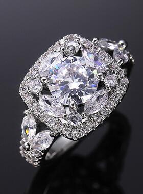 轻奢ebay新款 超闪满镶圆形仿真钻石戒指 欧美叶子锆石结婚指环女