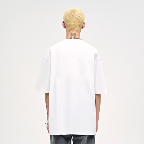 人物抽象印花美式短袖t恤夏季纯棉重磅高街男生圆领宽松上衣男款 - 图2