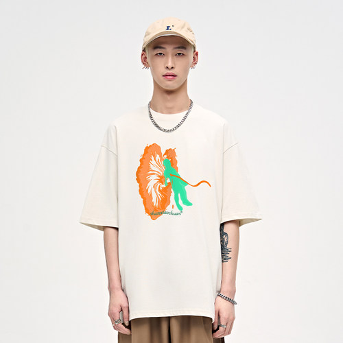 人物抽象印花美式短袖t恤夏季纯棉重磅高街男生圆领宽松上衣男款 - 图3