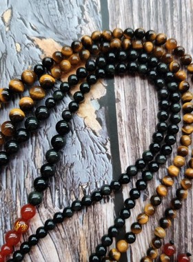 原创设计民族风苗银吊坠天然黑曜石虎眼石佛珠项链女士长款毛衣链