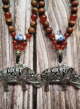 原创民族风复古紫檀柳花奇楠木佛珠项链 女士藏银长款毛衣链饰品