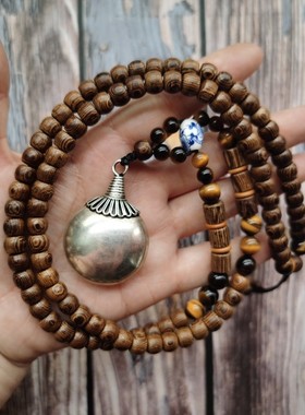 原创民族风鸡翅木佛珠项链 女士长款复古木珠苗银吊坠毛衣链饰品