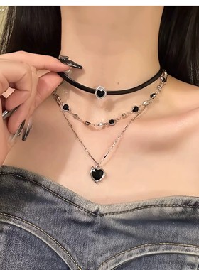 「全店买二赠一」甜酷辣妹黑皮绳爱心锁骨链多层叠戴项圈颈链项链