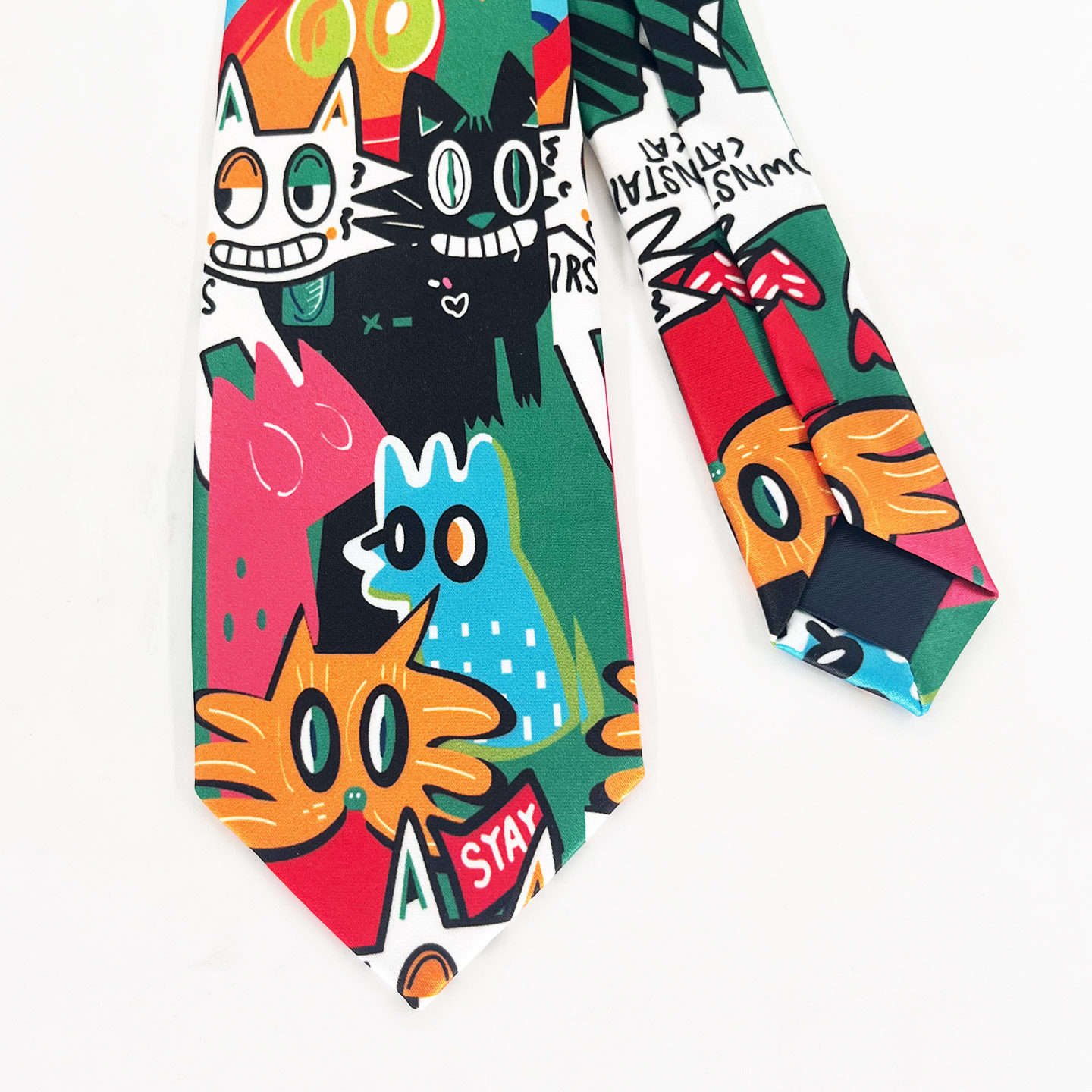 荷囊领带衬衫男女卡通风手打小众学院休闲配饰撞色设计绿色龇牙猫,淘宝优惠券,粉丝福利购,淘宝优惠卷