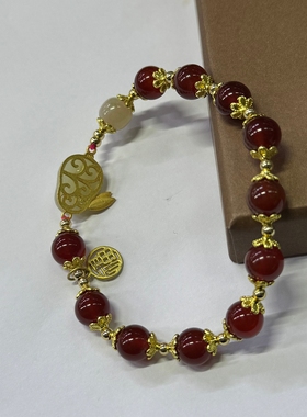 【清货】复古红玛瑙银镀金和田兔子手链女招财转运本命年福字手串