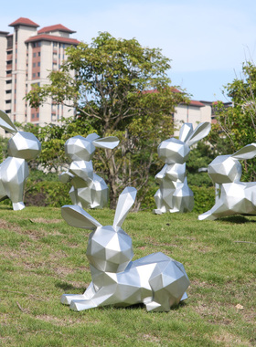 卡通几何兔子摆件动物草坪园林景观售楼部装饰玻璃钢不锈钢雕塑