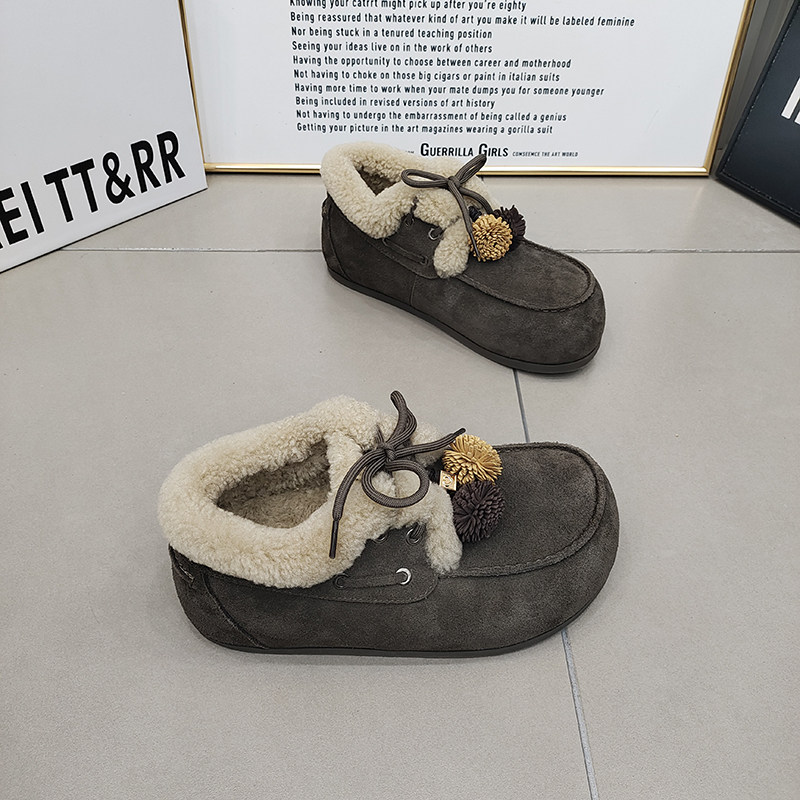 TTRR正品磨砂皮加绒毛毛口绑带芒果头勃肯鞋2025冬季球球韩版百搭,淘宝优惠券,粉丝福利购,淘宝优惠卷