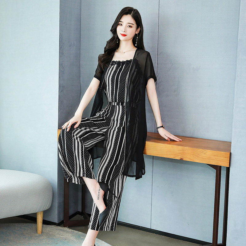 条纹吊带防晒夏季2021新款风阔腿裤 彤墨时尚套装