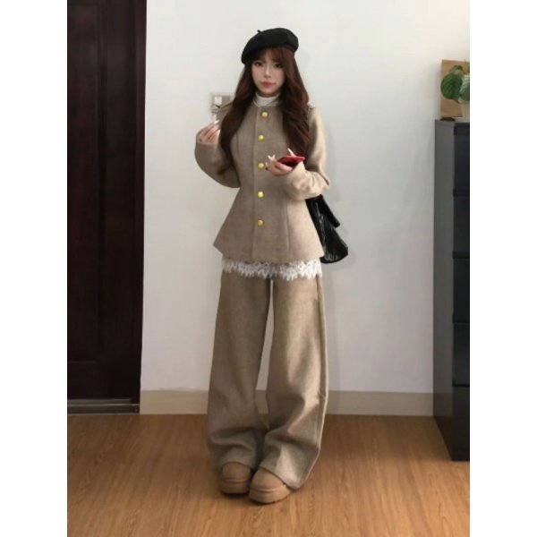 大码胖mm气质一整套女韩系时尚毛呢外套内搭蕾丝衫阔腿裤三件套装,淘宝优惠券,粉丝福利购,淘宝优惠卷