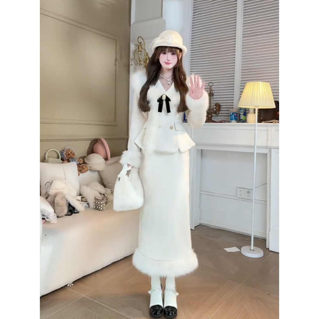 秋冬新款小香风高级感蝴蝶结外套女大码胖mm收腰显瘦半身裙两件套,淘宝优惠券,粉丝福利购,淘宝优惠卷