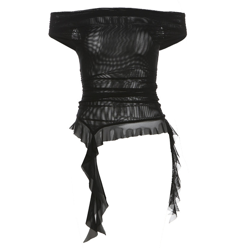 怪诞女孩 法式纯欲少女蕾丝拼接一字肩背心女 荷叶边褶皱修身上衣,淘宝优惠券,粉丝福利购,淘宝优惠卷