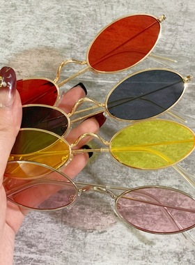 韩国复古潮个性椭圆框墨镜网红金属小框猫眼太阳镜超窄款道具