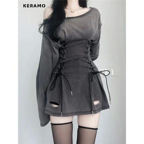 女士斜肩绑带长袖连衣裙 Ladies' diagonal shoulder strap dress - 图0