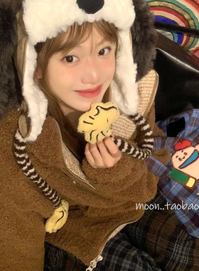 可爱眼镜小狗飞行帽女冬季户外滑雪骑行帽子防寒保暖护耳帽雷锋帽