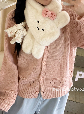 甜美蝴蝶结兔子毛绒手套围巾女冬季加绒学生骑车保暖挂脖连指加厚