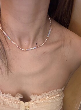 美国14k包金梦幻粉紫色极光碎银子天然珍珠项链巴洛克气质锁骨链