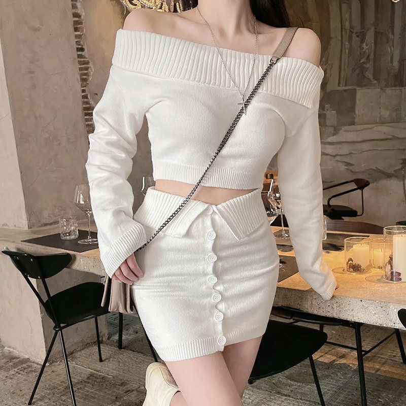 2021秋冬新款纯欲针织套装露肩毛衣 羞羞童连衣裙