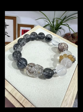 W天然黑发晶貔貅手链男女黑色水晶手串男补水发晶情侣礼物饰品