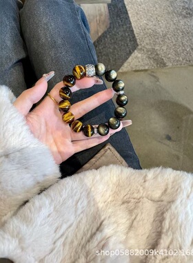 黑神话悟空款天然虎眼石黑曜石水晶手串设计感手链男士送老公礼物
