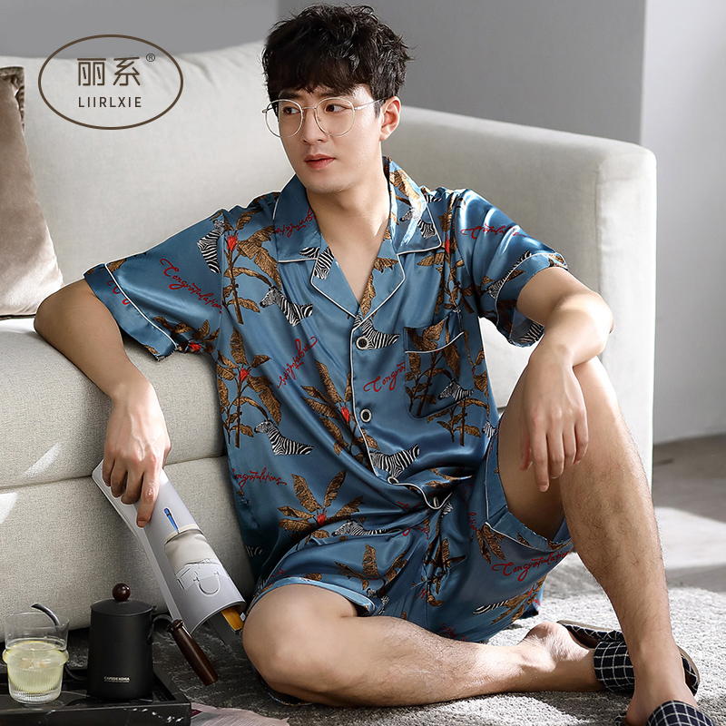 丽系旗舰店睡衣男士夏季丝绸冰丝短袖短裤家居服夏天薄款仿真丝绸加大码套装0