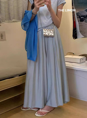 韩系冰丝麻裤裙女夏季薄款新款高腰宽松垂感小个子休闲阔腿裤