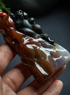 孤品【玛瑙·金猴献瑞】吊坠玉石玉佩送男友项链高档礼物一物一证