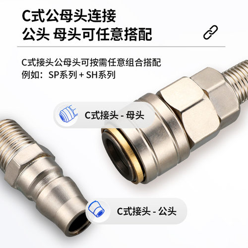 c式自锁快速接头气动快插空压机配件气泵圆二通三通气管快接公母 - 图0