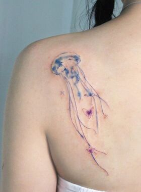 清纯粉蓝色空灵水母纹身贴花臂防水女持久手臂彩绘花臂甜酷少女