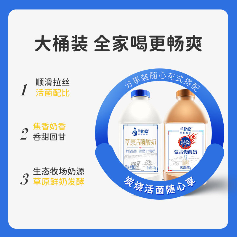 兰格格草原活菌低温酸奶720g*2瓶 内蒙古低温酸奶生牛乳营养代餐