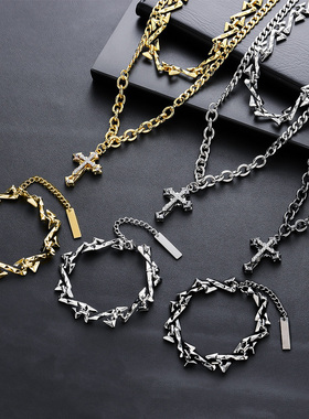 钛钢不掉色双层叠戴十字架项链