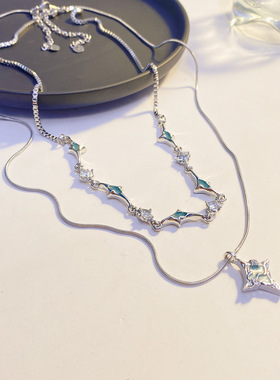 双层叠戴蓝色四芒星锆石拼接项链