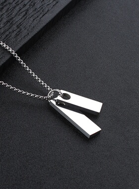 不锈钢光面双牌几何吊坠项链男