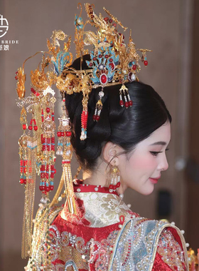 新款金色中式新娘头饰秀禾服古风汉服龙凤褂结婚古装婚礼凤冠发饰