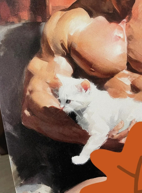 宠猫肌肉男高清装饰画卧室挂画喷绘油画房间室内挂墙靠墙艺术