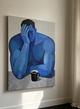 立体几何油画风克莱因蓝沉思肌肉男士装饰画冷调工作室客厅挂画
