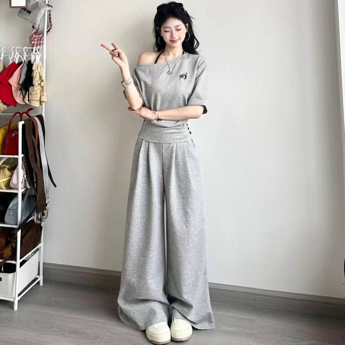 盐系少女感休闲运动套装女夏季灰色一字肩收腰短袖阔腿裤两件套,淘宝优惠券,粉丝福利购,淘宝优惠卷