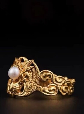 凤凰于飞戒指汉服首饰铜镀金色故宫藏镶珍珠錾刻指环新中式手饰