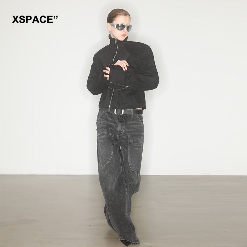 【XSPACE】AXYPAGES 23FW 定制水洗黑灰色阔形口袋直筒牛仔长裤 - 图0